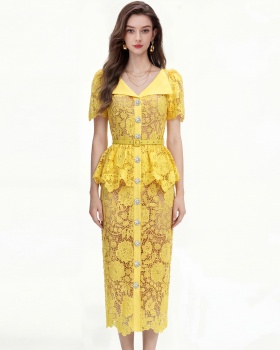 Pinched waist temperament formal dress slim large lapel dress