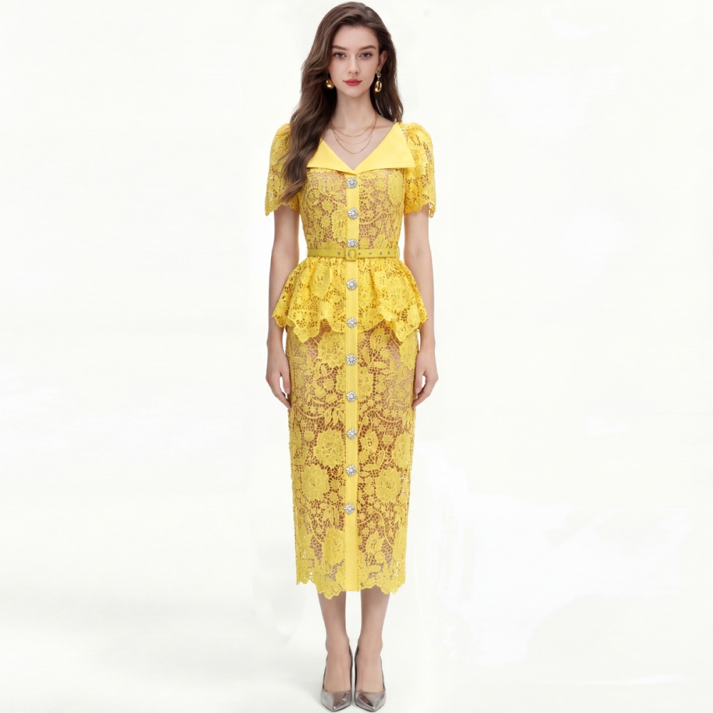 Pinched waist temperament formal dress slim large lapel dress