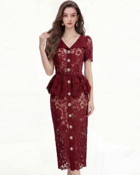 Lace short sleeve dress slim pinched waist formal dress