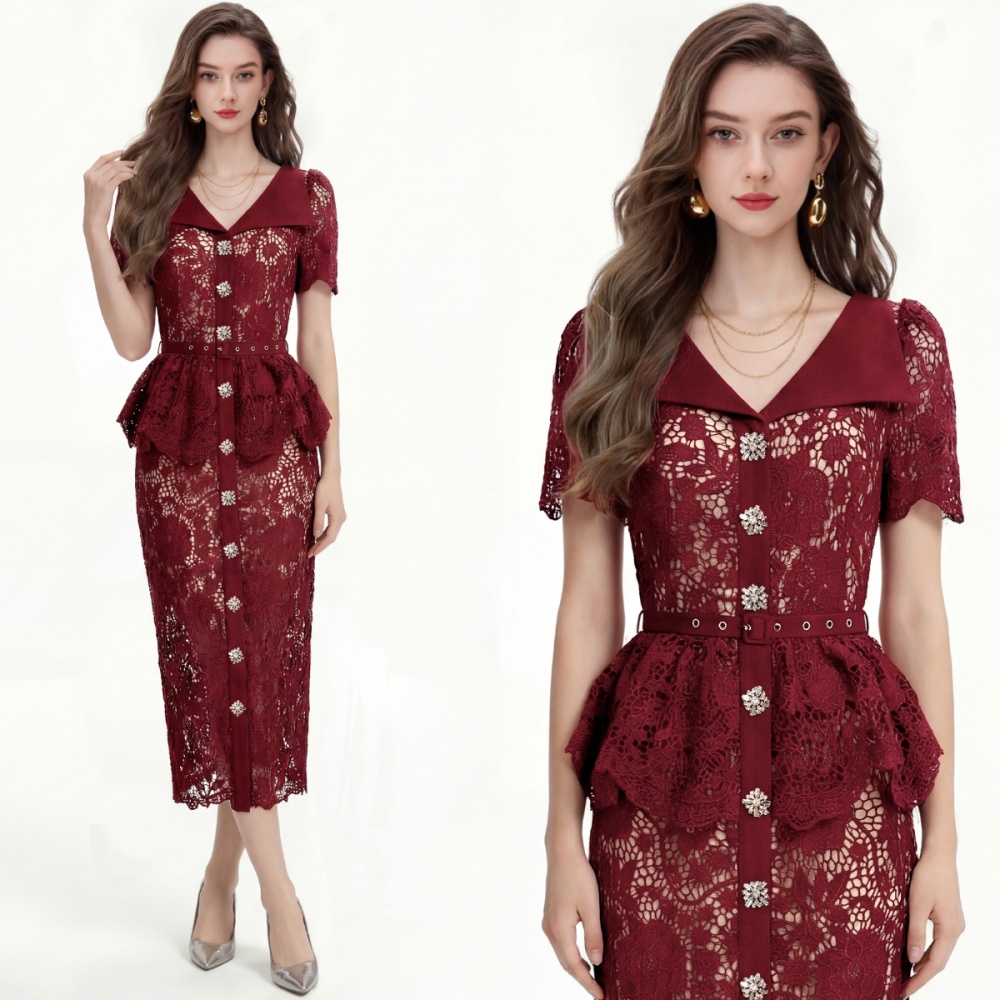 Lace short sleeve dress slim pinched waist formal dress
