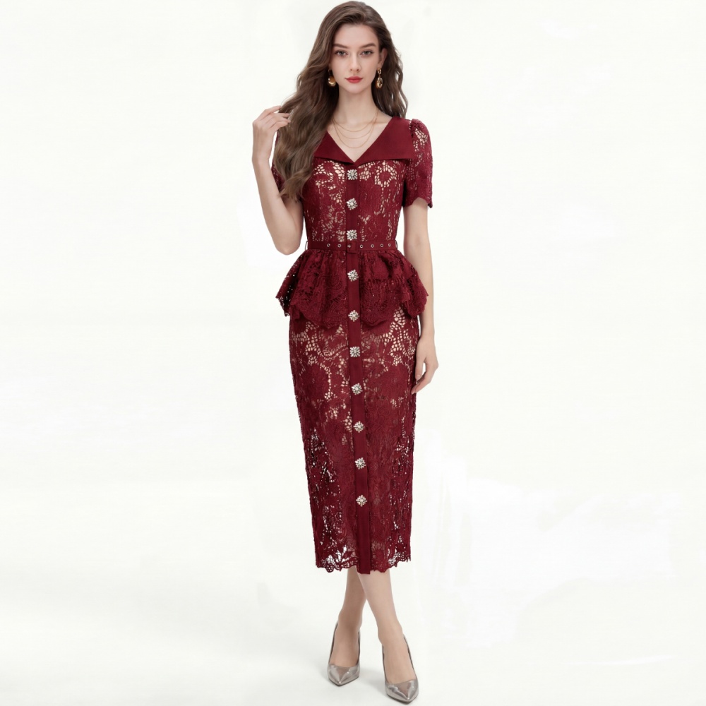 Lace short sleeve dress slim pinched waist formal dress