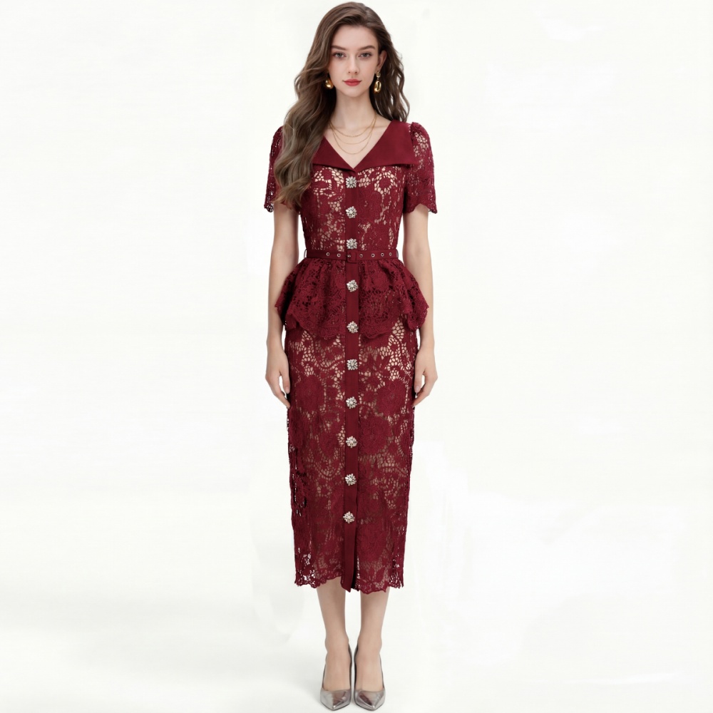 Lace short sleeve dress slim pinched waist formal dress