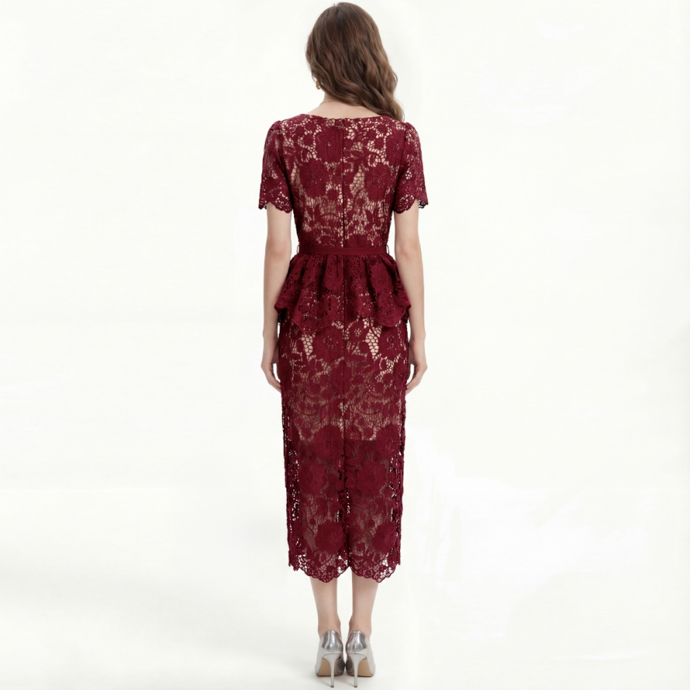 Lace short sleeve dress slim pinched waist formal dress