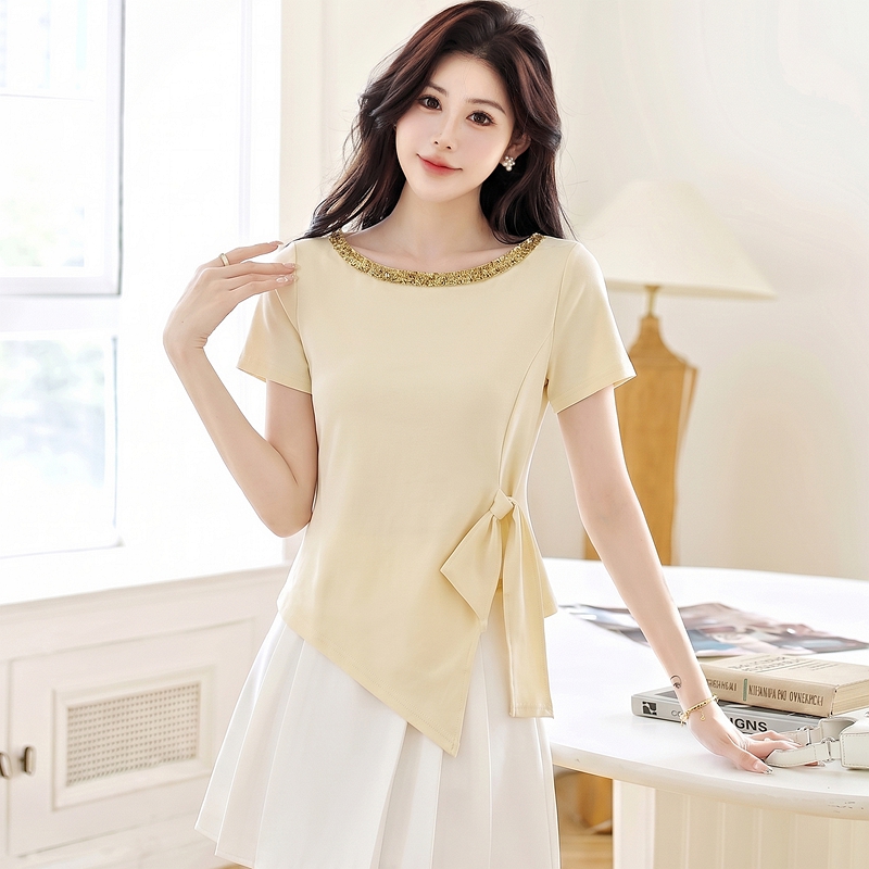 Irregular sequins tops pinched waist T-shirt for women
