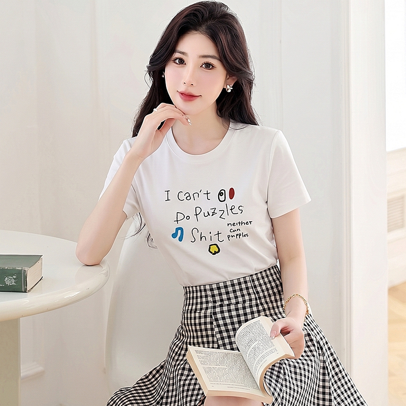 Round neck white T-shirt show young summer tops for women
