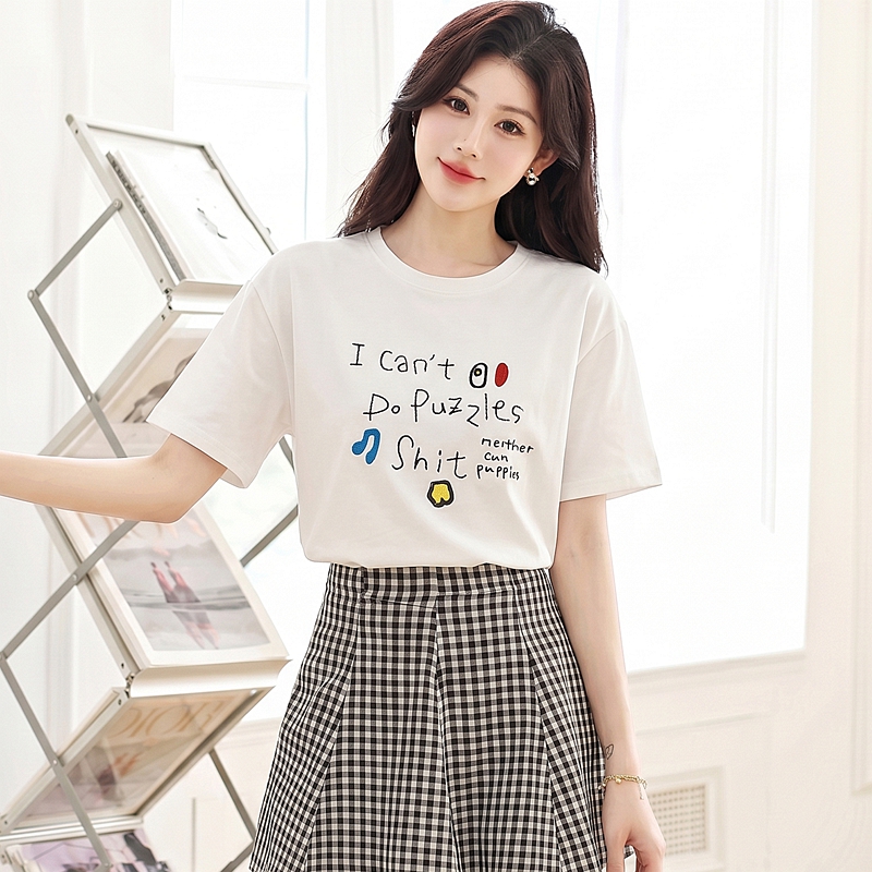 Round neck white T-shirt show young summer tops for women
