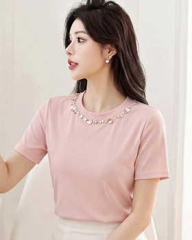 Beading small round collar tops summer multicolor T-shirt