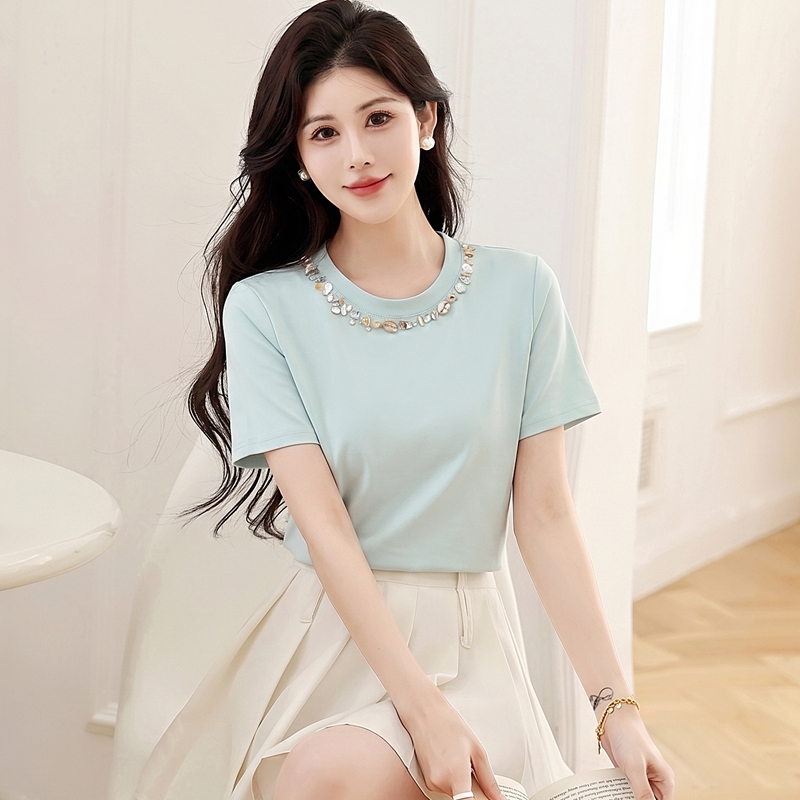 Beading small round collar tops summer multicolor T-shirt