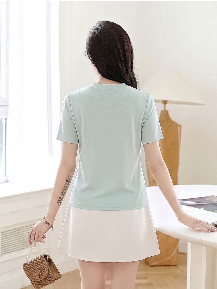 Beading small round collar tops summer multicolor T-shirt