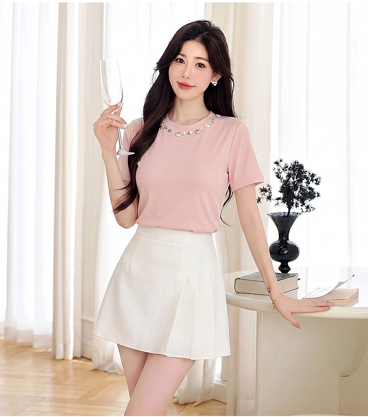 Beading small round collar tops summer multicolor T-shirt