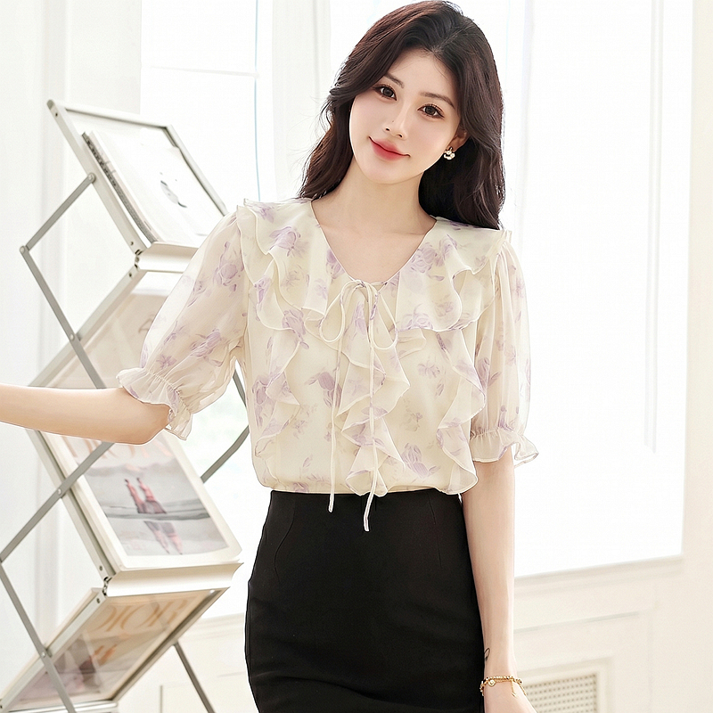 Lotus leaf edges short sleeve shirt summer tops