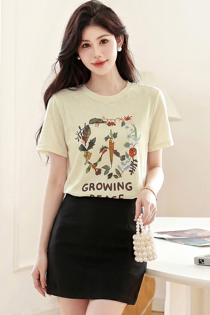 Short sleeve niche T-shirt apricot unique tops for women