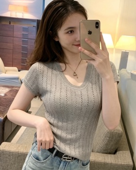 U-neck slim simple short sleeve clavicle tops