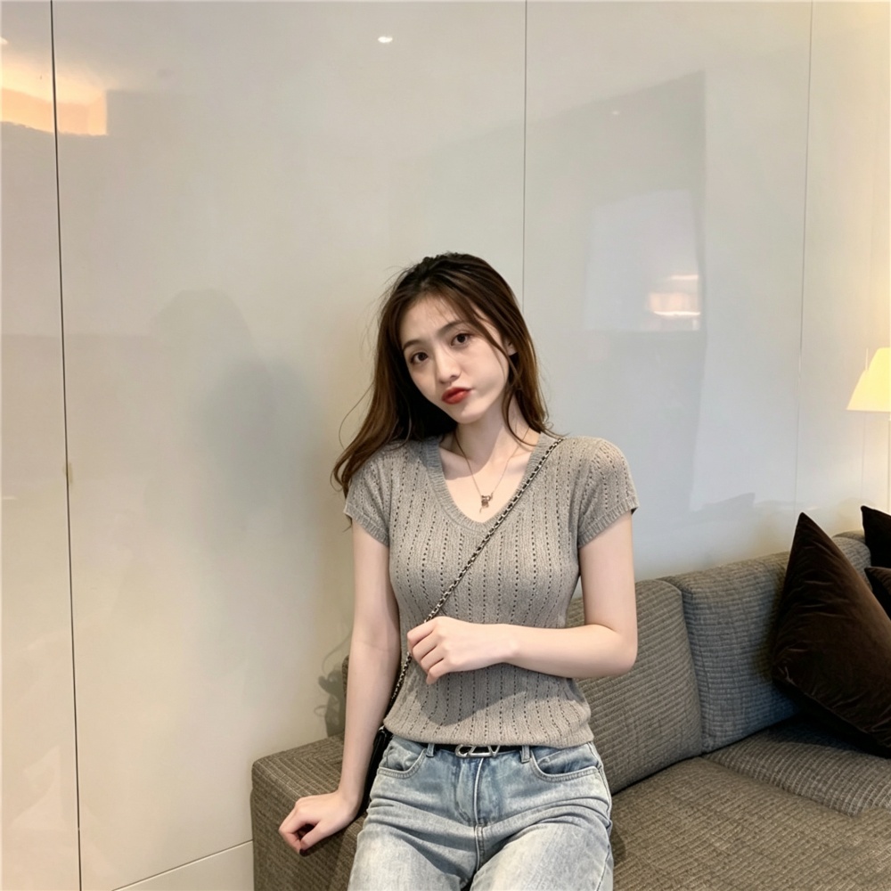 U-neck slim simple short sleeve clavicle tops