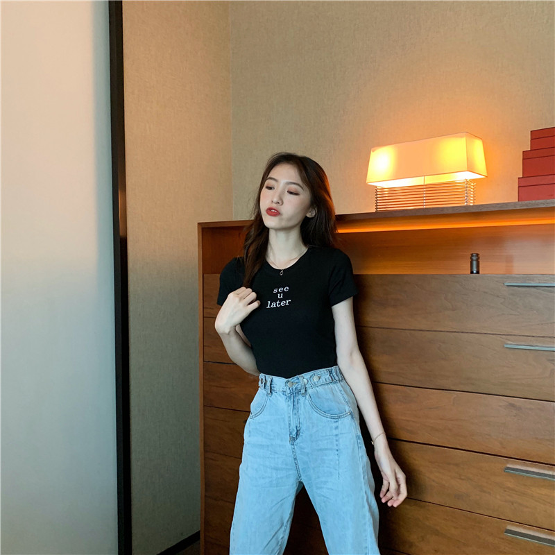 Slim short letters retro all-match T-shirt