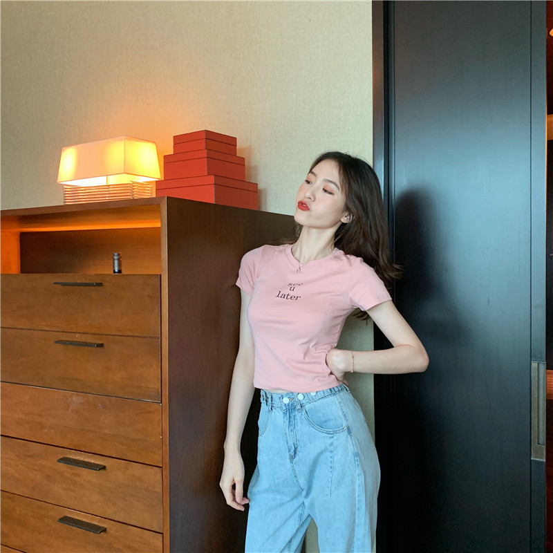 Slim short letters retro all-match T-shirt