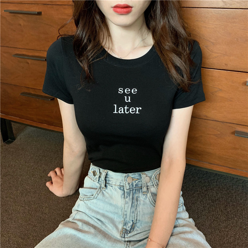 Slim short letters retro all-match T-shirt