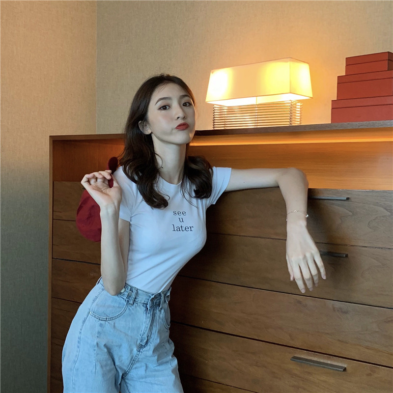 Slim short letters retro all-match T-shirt