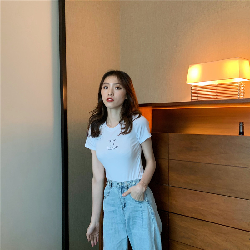 Slim short letters retro all-match T-shirt