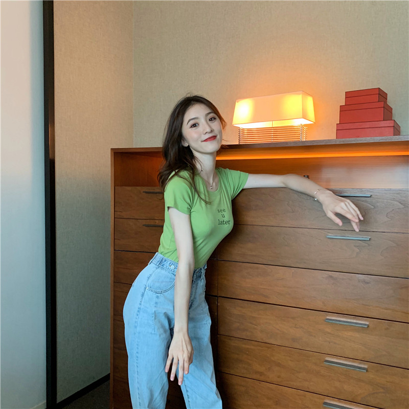 Slim short letters retro all-match T-shirt