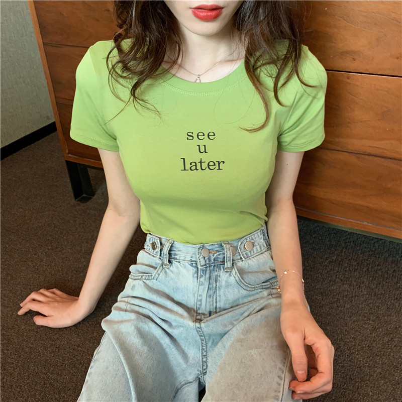 Slim short letters retro all-match T-shirt
