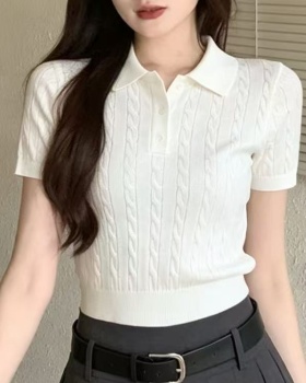 Korean style knitted short sleeve tops slim all-match T-shirt