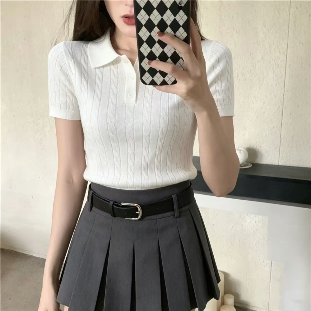 Korean style knitted short sleeve tops slim all-match T-shirt