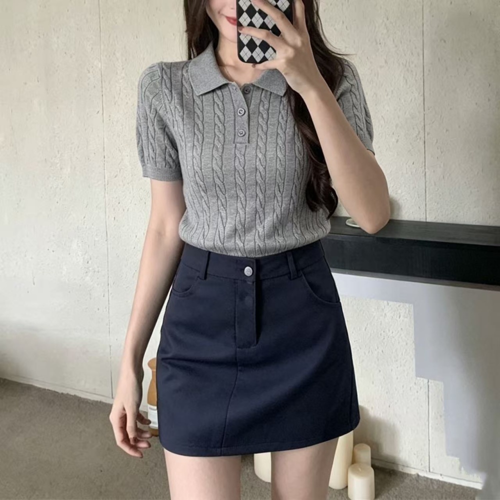 Korean style knitted short sleeve tops slim all-match T-shirt