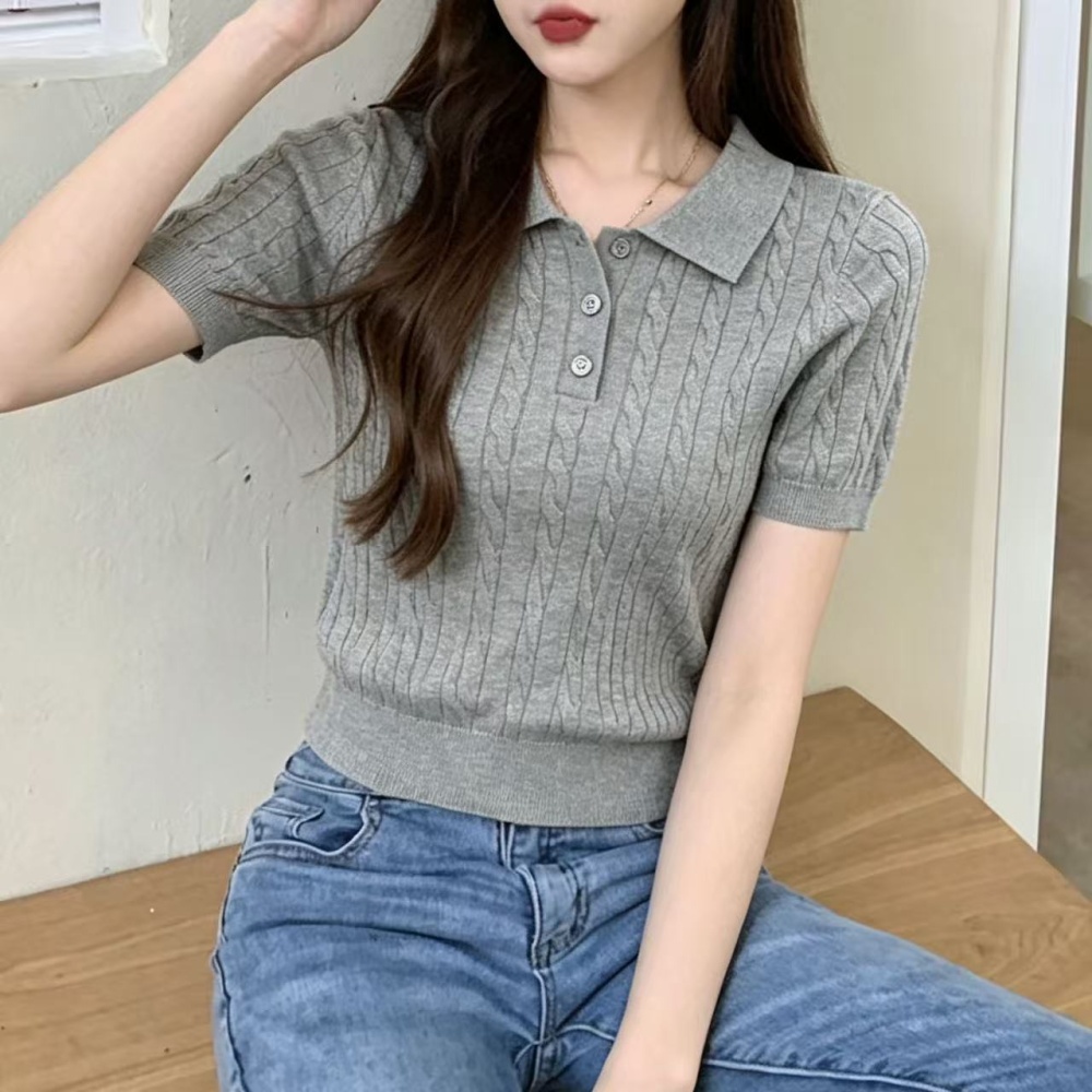 Korean style knitted short sleeve tops slim all-match T-shirt