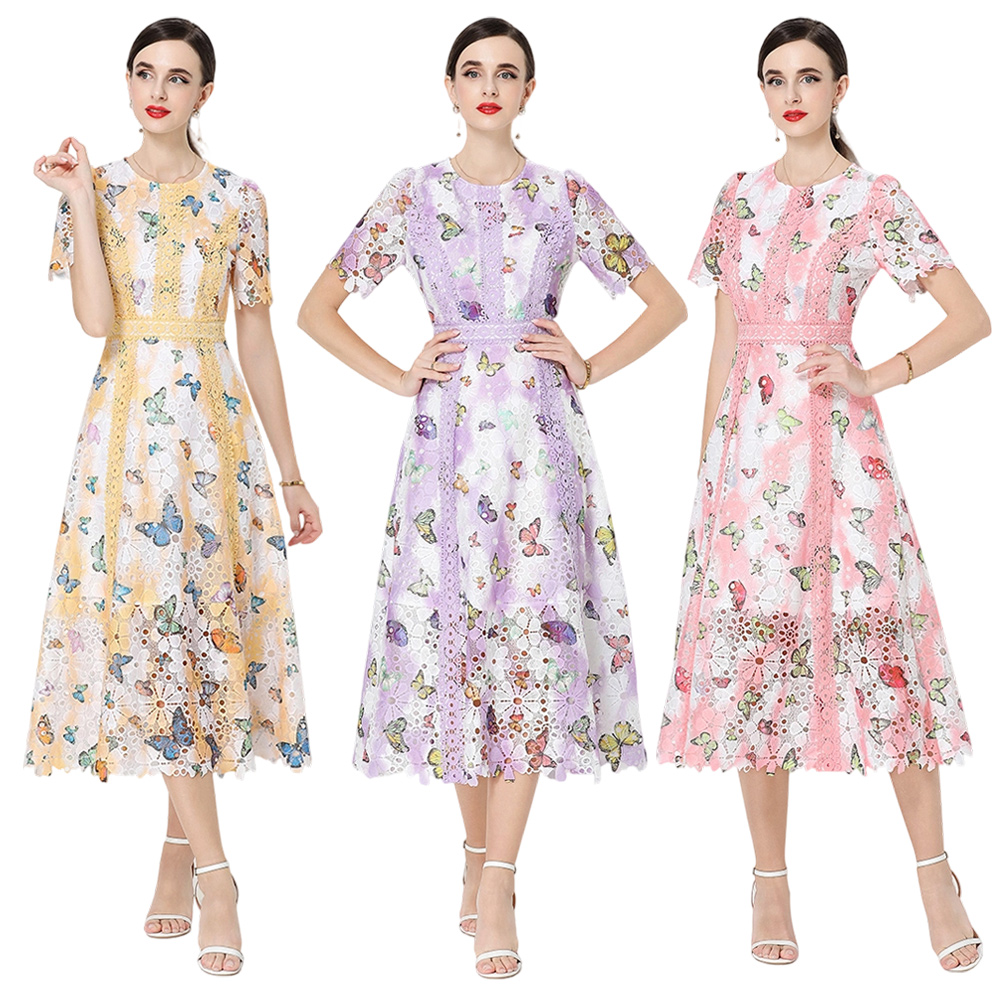 Round neck hollow dress short sleeve long dress for women