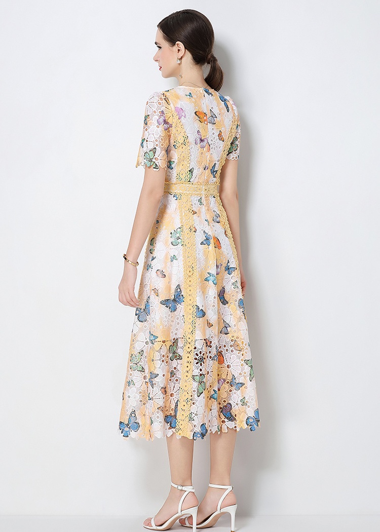 Round neck hollow dress short sleeve long dress for women