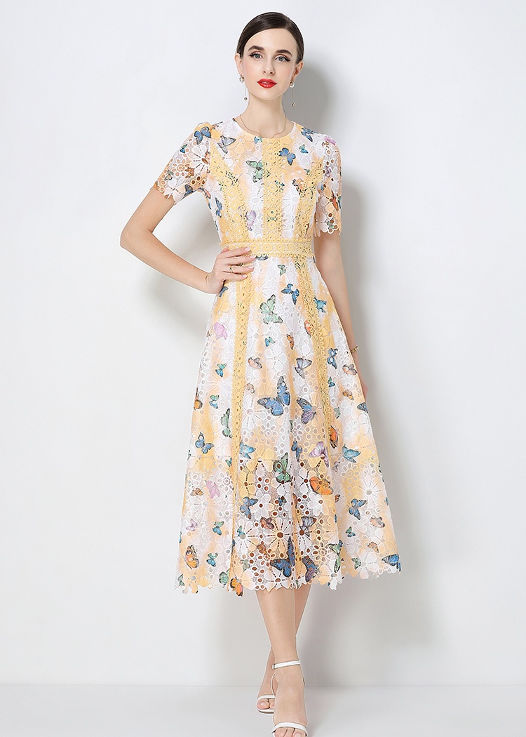 Round neck hollow dress short sleeve long dress for women