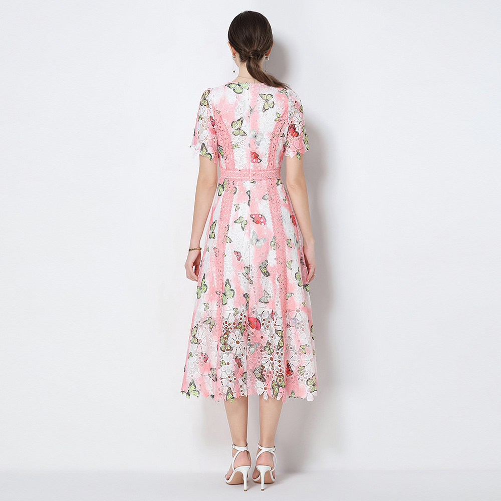 Round neck hollow dress short sleeve long dress for women