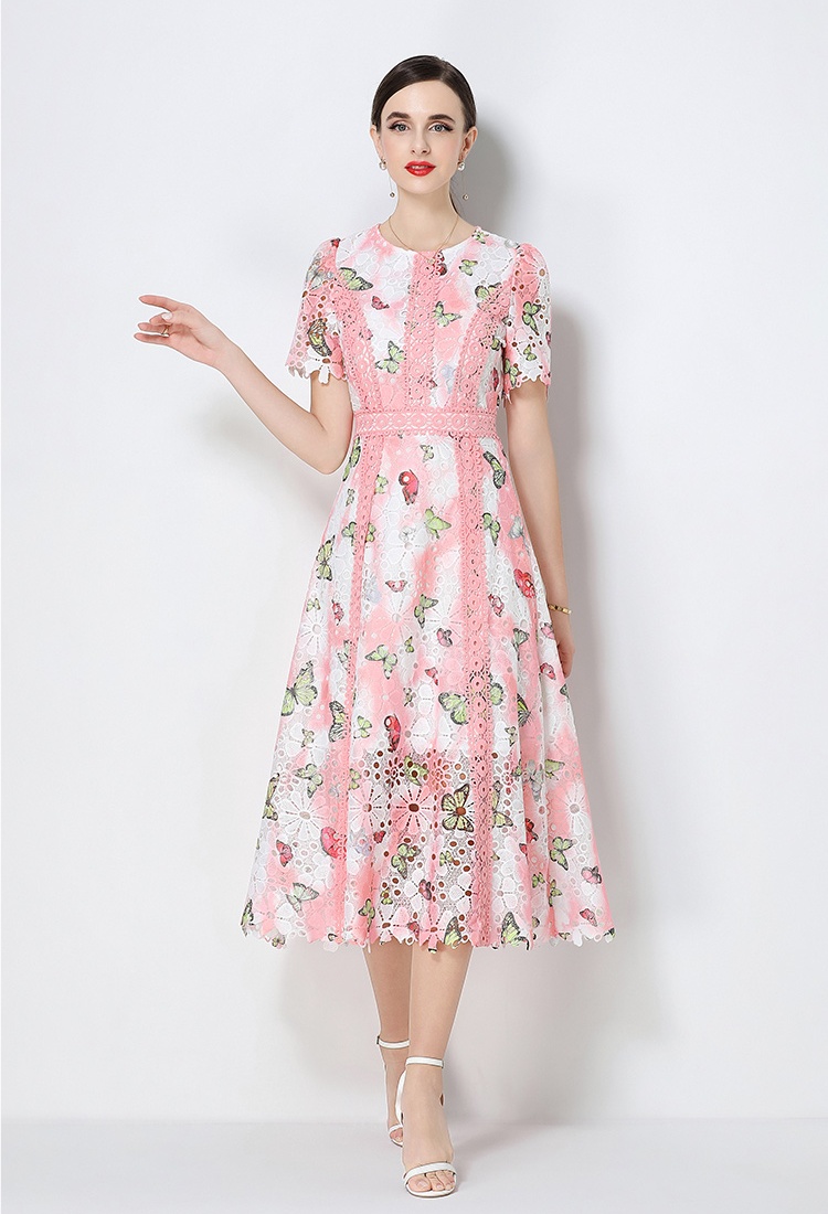 Round neck hollow dress short sleeve long dress for women