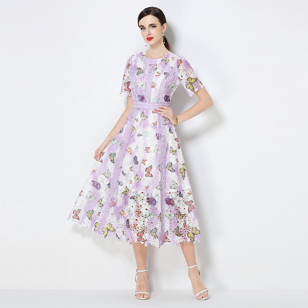 Round neck hollow dress short sleeve long dress for women