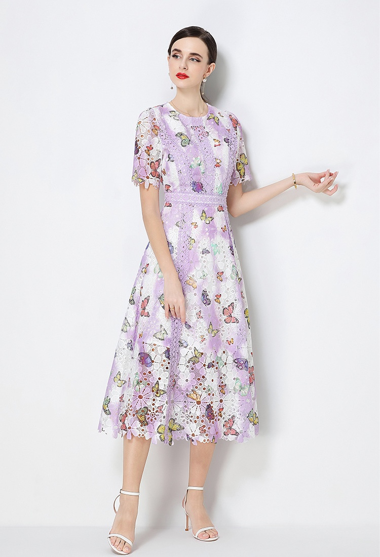 Round neck hollow dress short sleeve long dress for women
