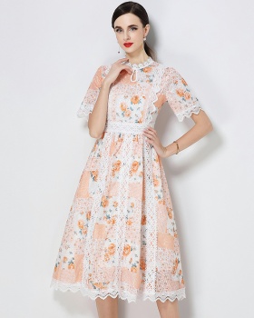 Slim embroidery short sleeve A-line elegant summer dress