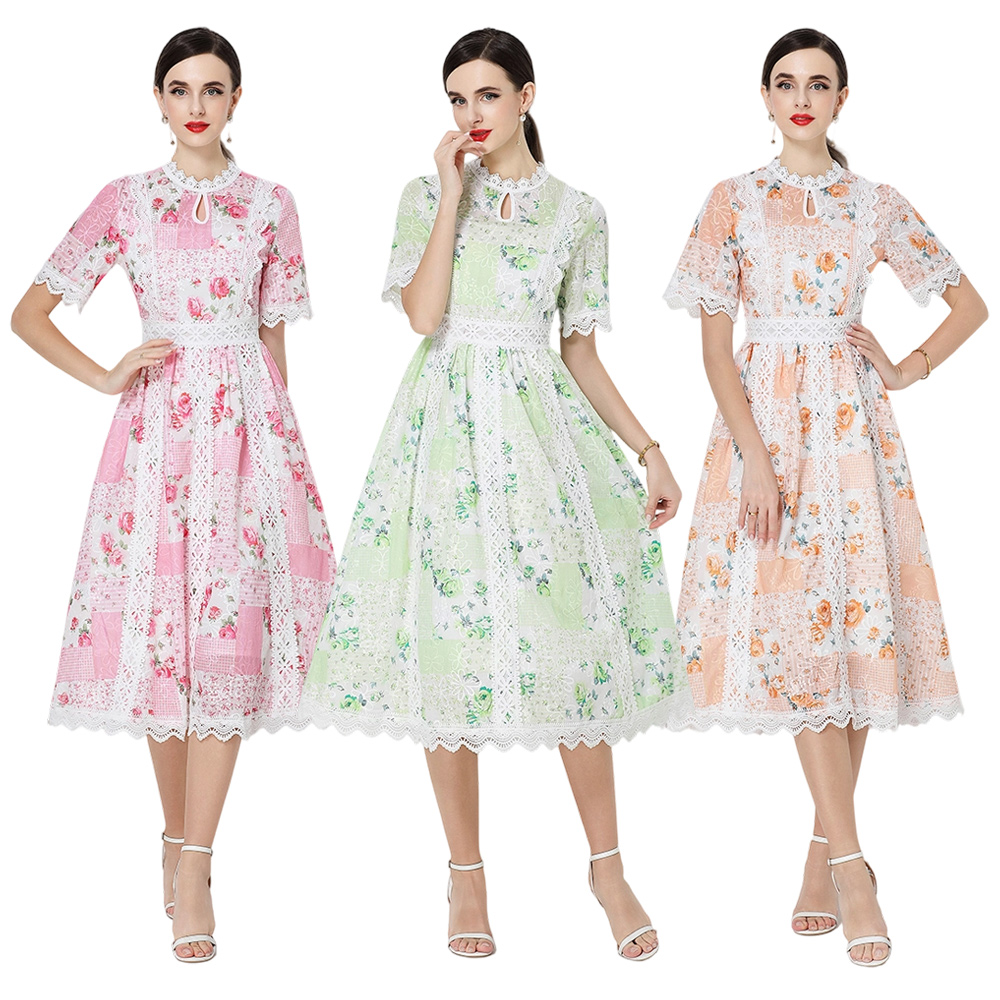 Slim embroidery short sleeve A-line elegant summer dress