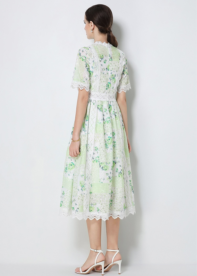 Slim embroidery short sleeve A-line elegant summer dress