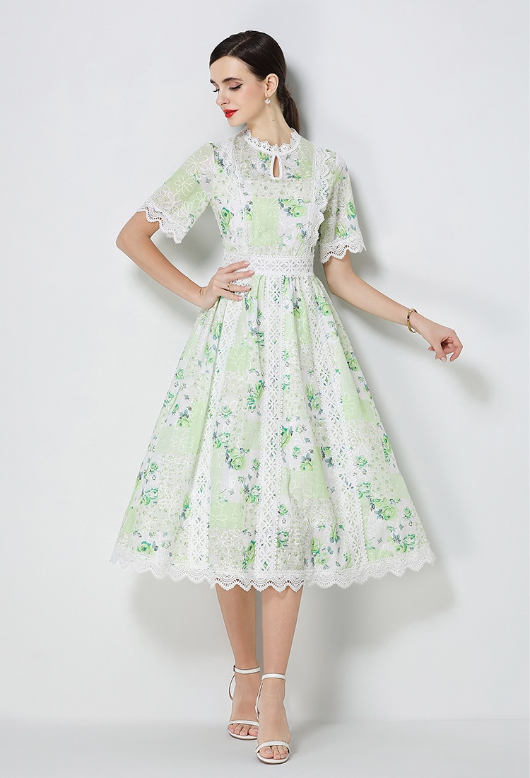 Slim embroidery short sleeve A-line elegant summer dress