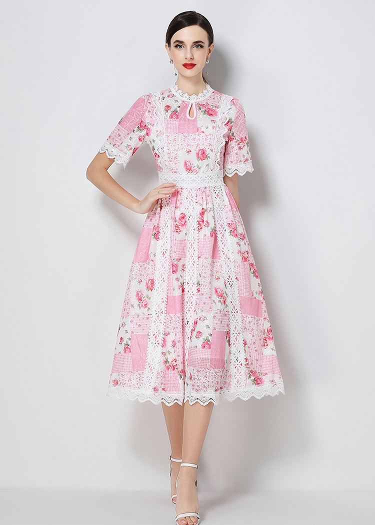 Slim embroidery short sleeve A-line elegant summer dress