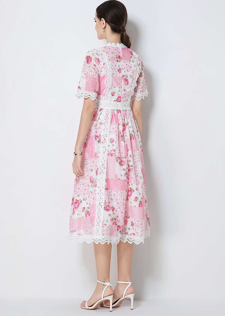 Slim embroidery short sleeve A-line elegant summer dress