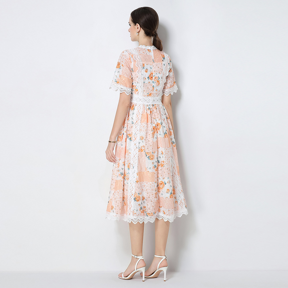 Slim embroidery short sleeve A-line elegant summer dress