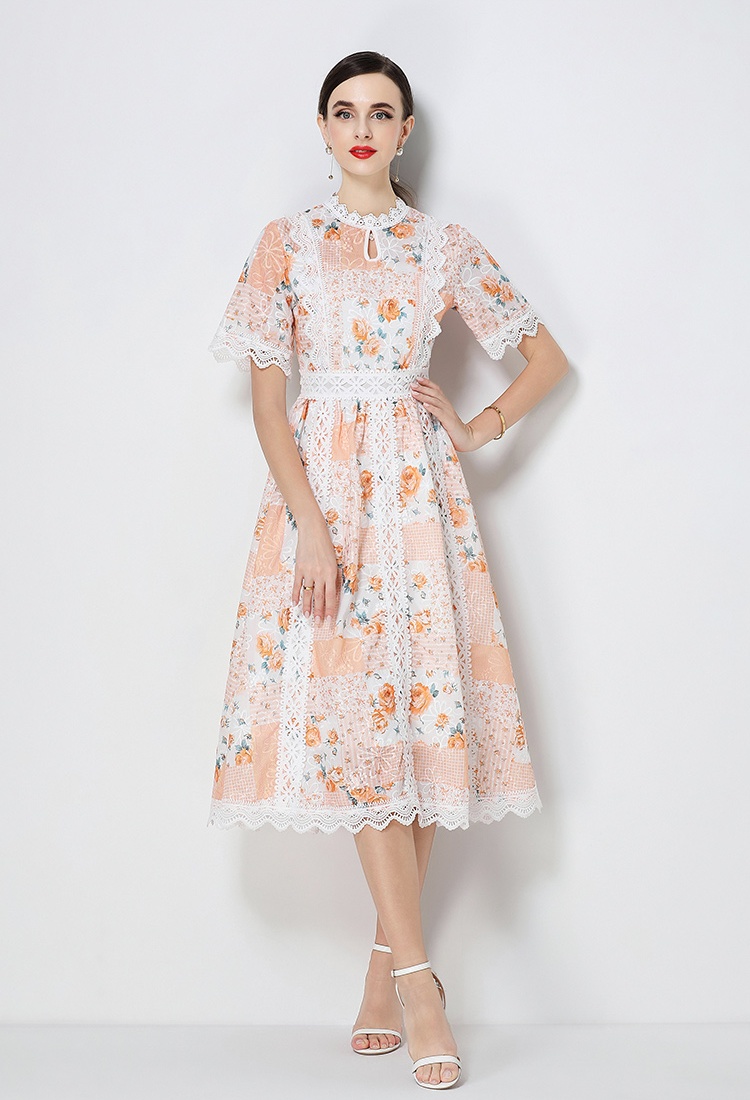 Slim embroidery short sleeve A-line elegant summer dress