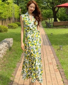 V-neck sleeveless floral dress slim temperament long dress