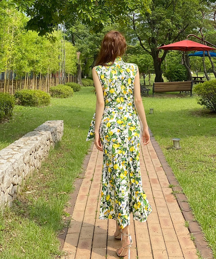 V-neck sleeveless floral dress slim temperament long dress