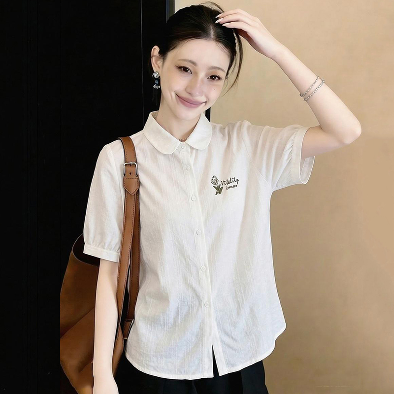 All-match summer tops embroidered cotton shirt for women