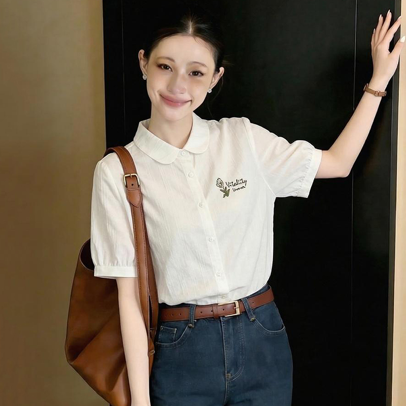 All-match summer tops embroidered cotton shirt for women