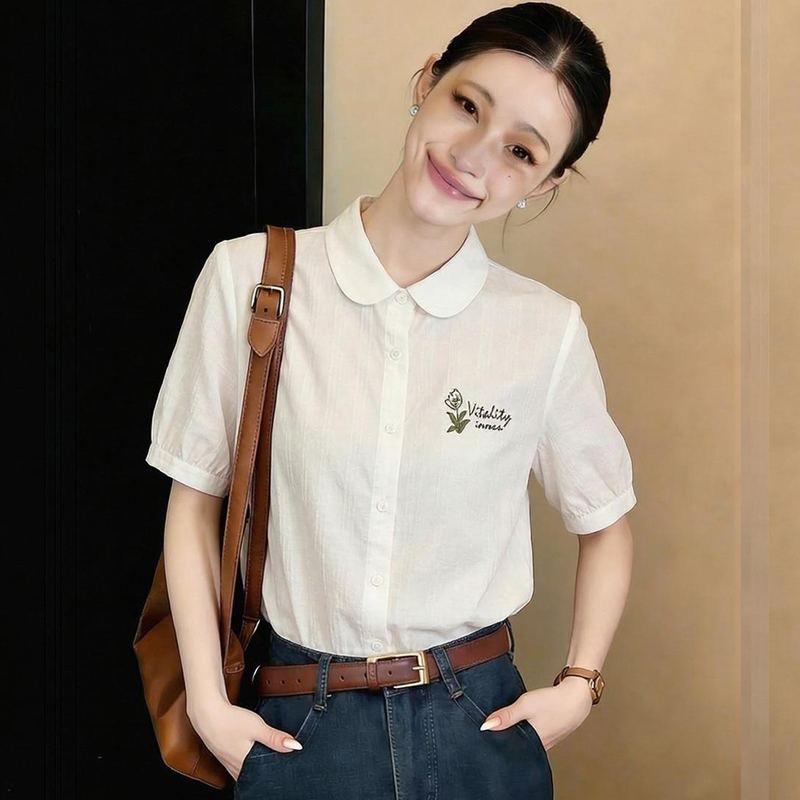 All-match summer tops embroidered cotton shirt for women
