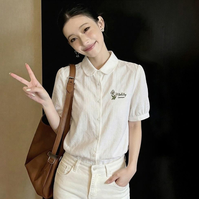 All-match summer tops embroidered cotton shirt for women